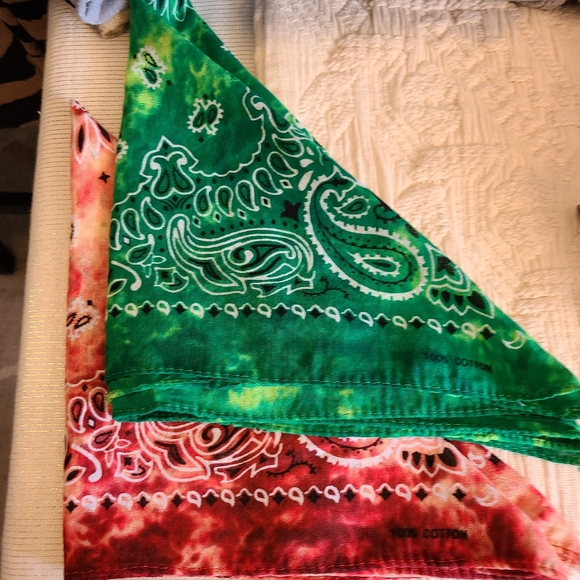 Hand-Crafted Bleached Out Tie-Dyed Cotton Bandanas - 1 Green, 1 Orange, 1 Ring - Picture 5 of 5
